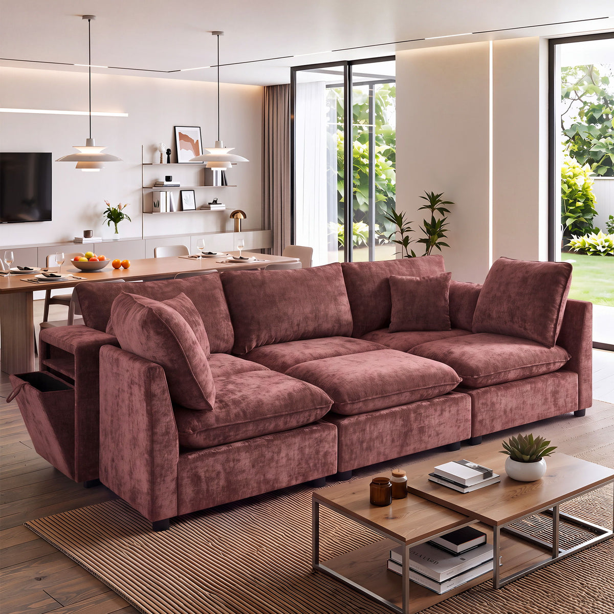 Modern Sectional Sofa U-Shaped With Movable Ottoman Storage Armrests And USB Ports