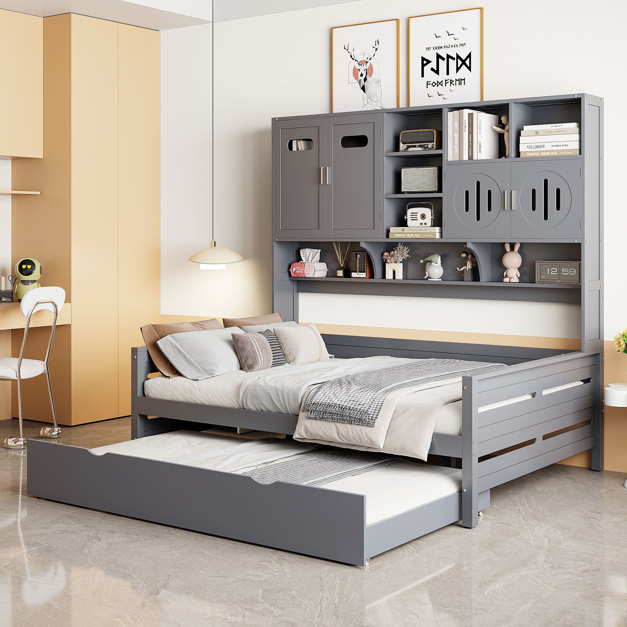 Daybed With All-In-One Cabinet And Shelf