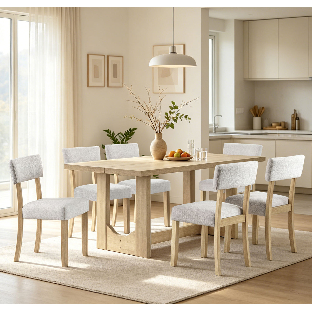 7 Piece Dining Table Set For 6, Rectangular Table With 6 Upholstered Chairs, Sturdy U - Shaped Base For Dining Room - Light Oak
