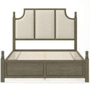 Farmhouse Platform Bed Frame With Tall Linen Upholstered Headboard