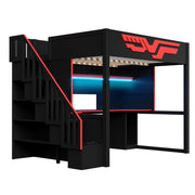 Full Gaming Loft Bed With Desk And Storage Staircase, LED Lights And USB - Red / Black