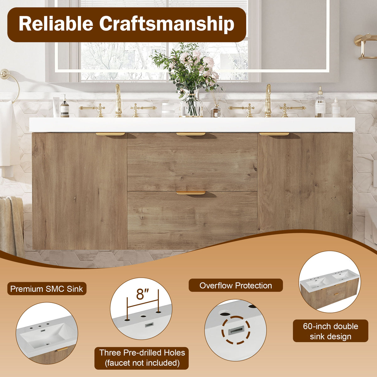 Double Sink Bathroom Vanity Soft Close Doors, Divided Drawers, Wall Mounted - Wood