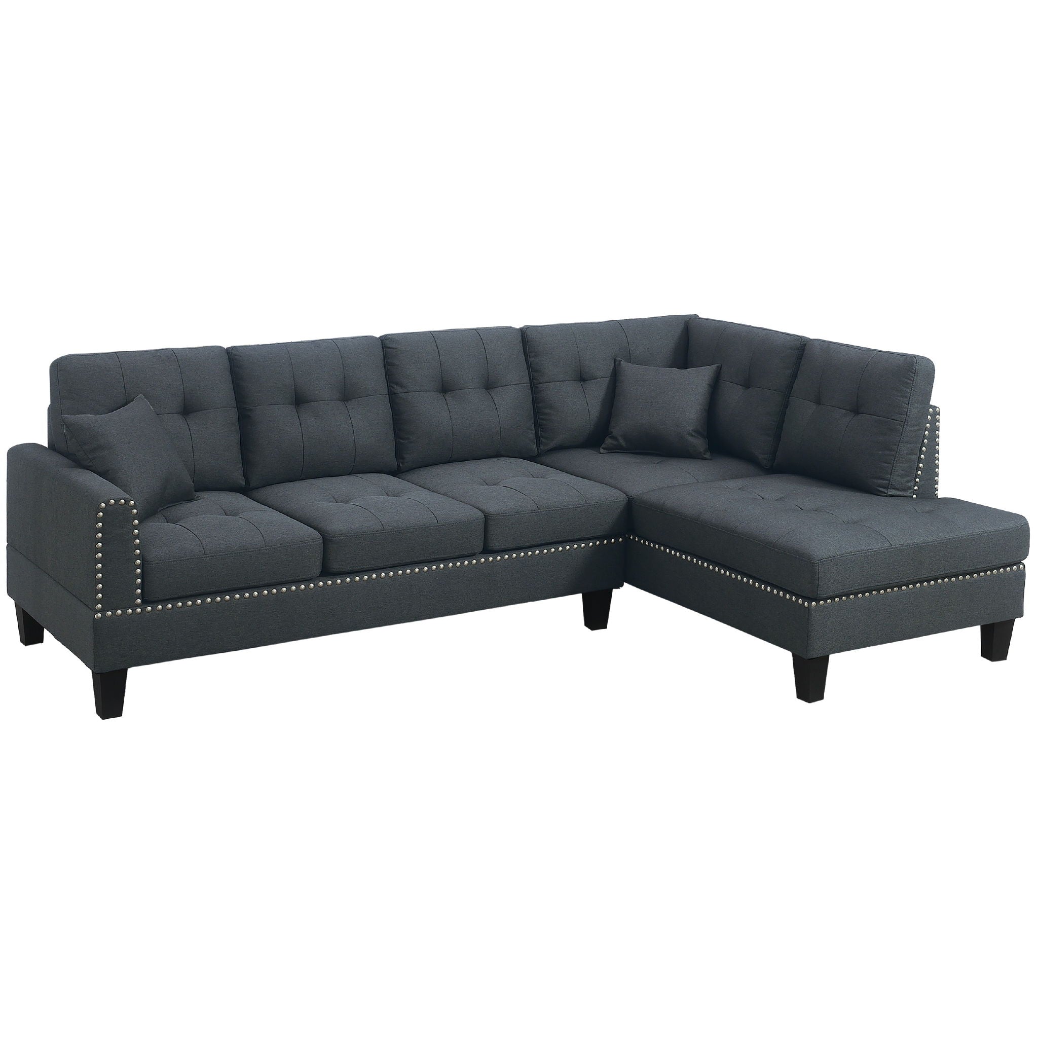 2 Piece Sectional Set With Nailhead Trim, Sofa And Matching Accent Pillows - Charcoal