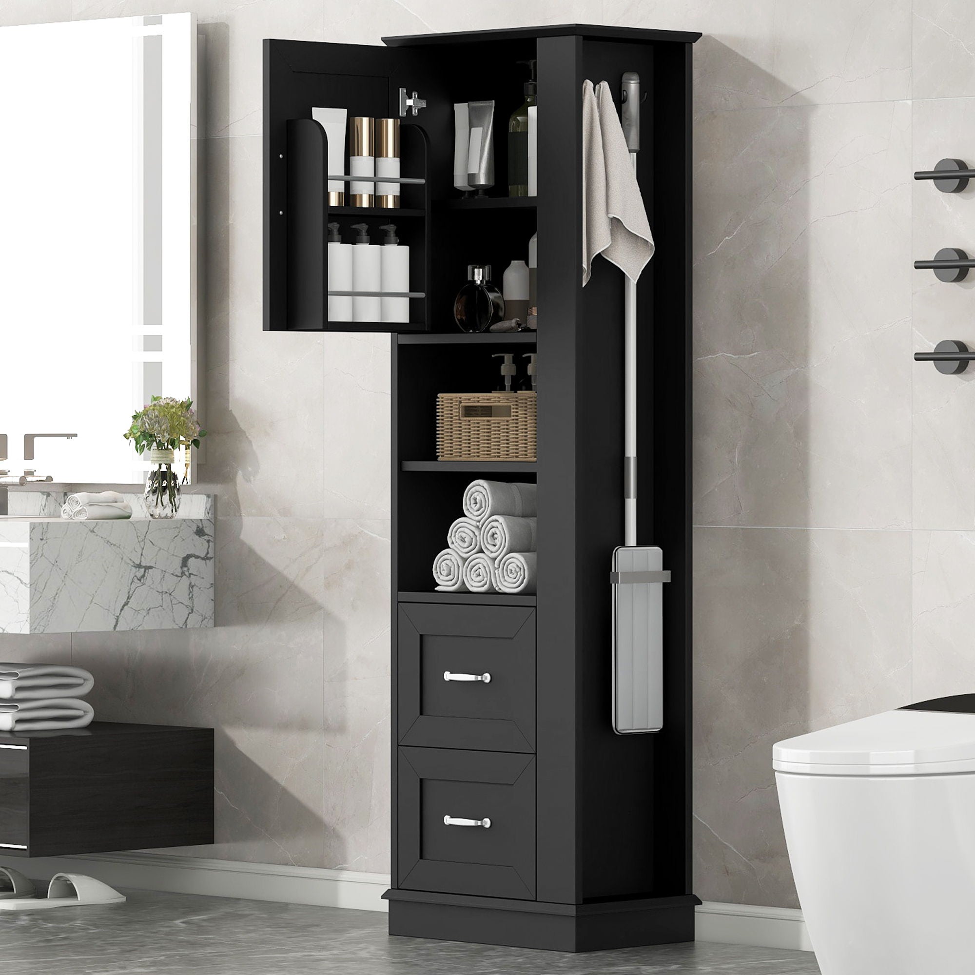 Freestanding Bathroom Storage Cabinet With Adjustable Shelves And Side Hooks Board, Rectangle Design