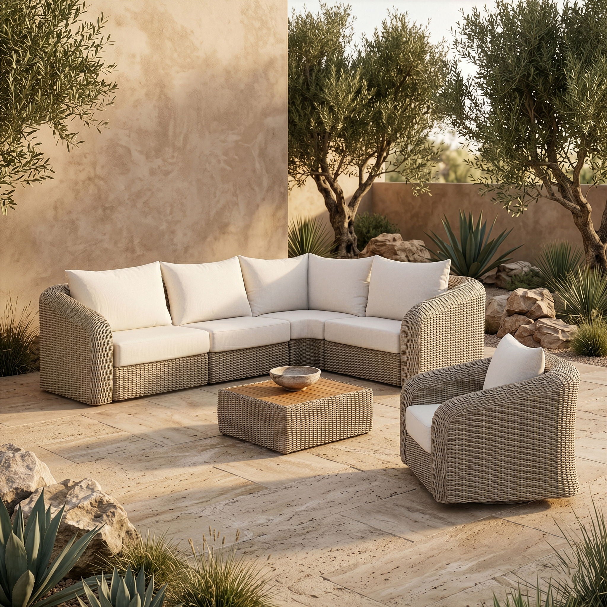 Seacrest - 123.25" Olefin Water Resistant Fabric And Wicker 4 Piece Outdoor Patio Modular Sectional
