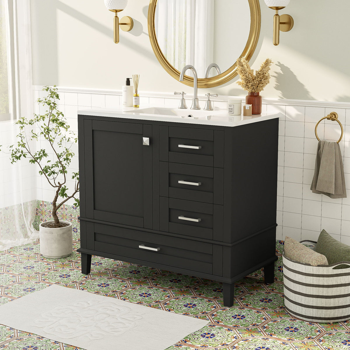 Bathroom Vanity, Modern Bathroom Cabinet With Sink Combo Set, Bathroom Storage Cabinet With A Soft Closing Door And 3 Drawers, Solid Wood Frame