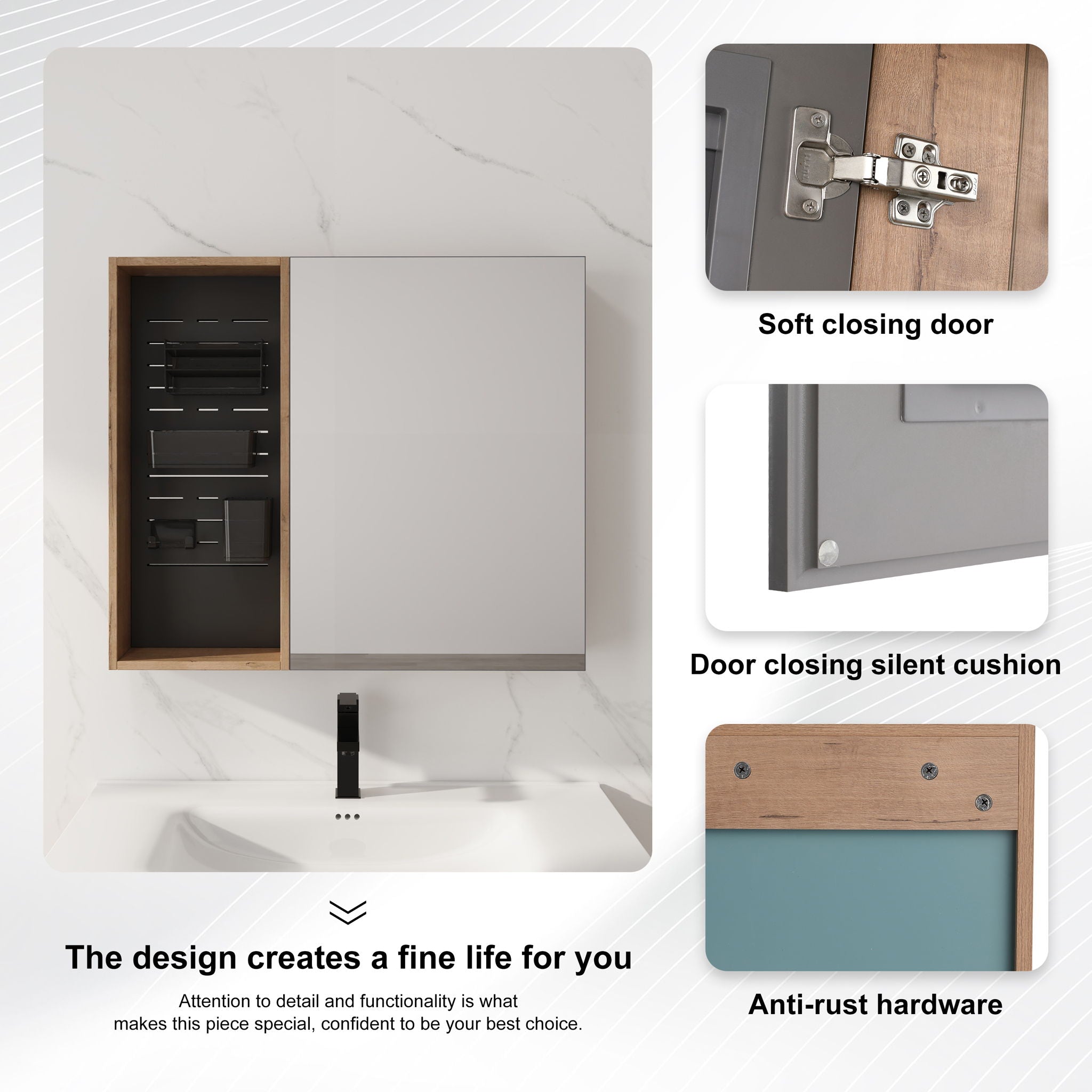 Wall Mounted Bathroom Mirror Cabinet & Adjustable Shelves - Imitative Oak