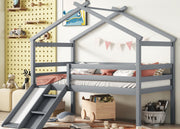 Low Loft House Bed With Slide, Ladder, Safety Guardrails, House Roof Frame