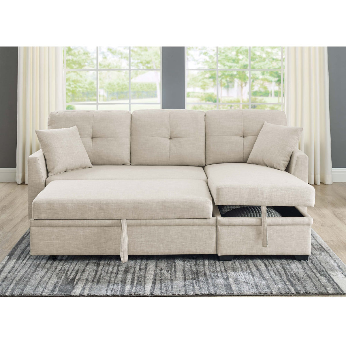 Upholstered Sectional & Pull Out Bed And Chaise Storage - Almond