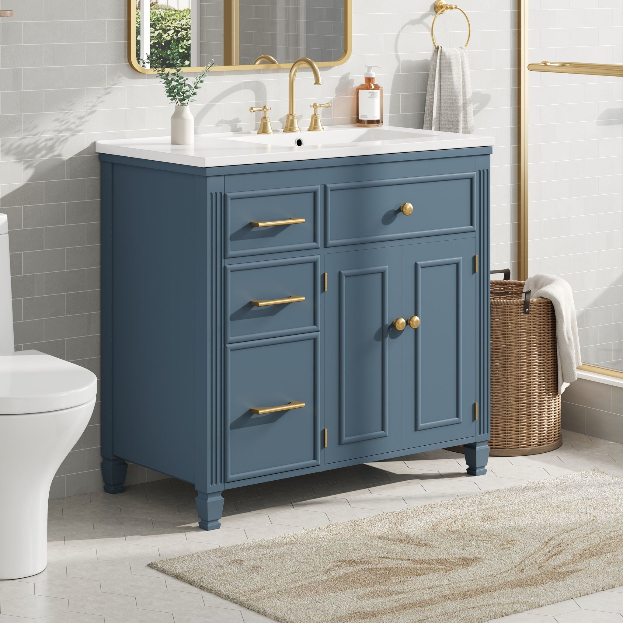 Modern Bathroom Vanity With Ceramic Sink, Freestanding, One Tip Out Drawer, 3 Side Drawers, Adjustable Shelf