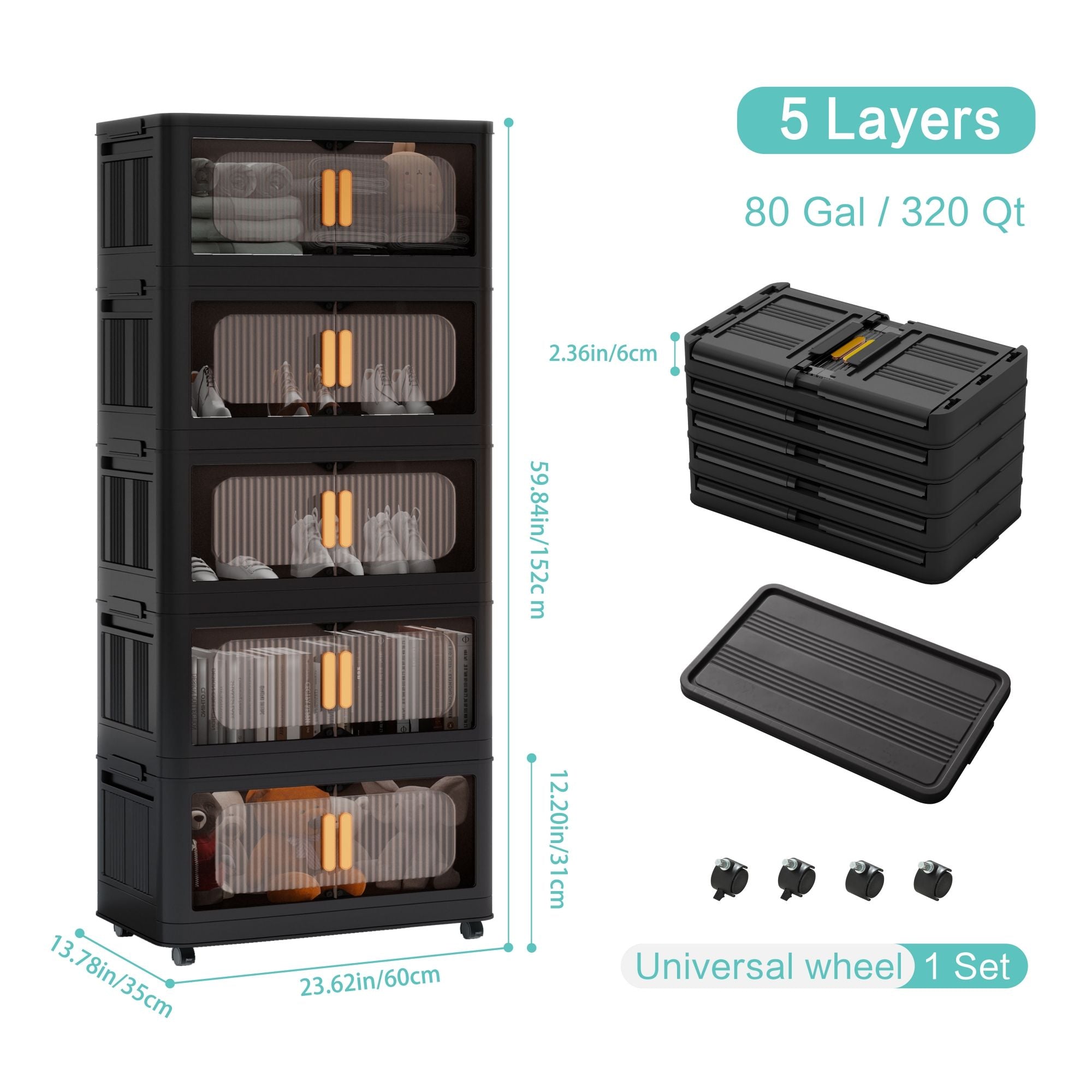 Folding Storage Cabinet With Magnetic Doors And Wheels