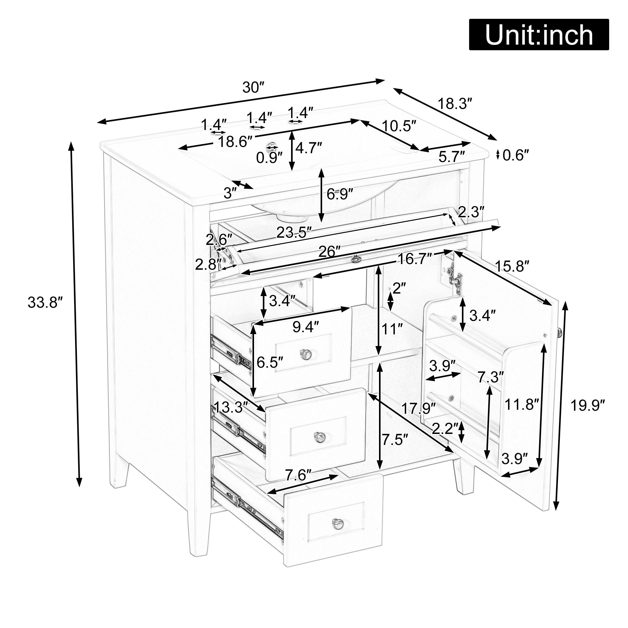 Modern Bathroom Vanity With Sink, 3 Drawers And Adjustable Shelf