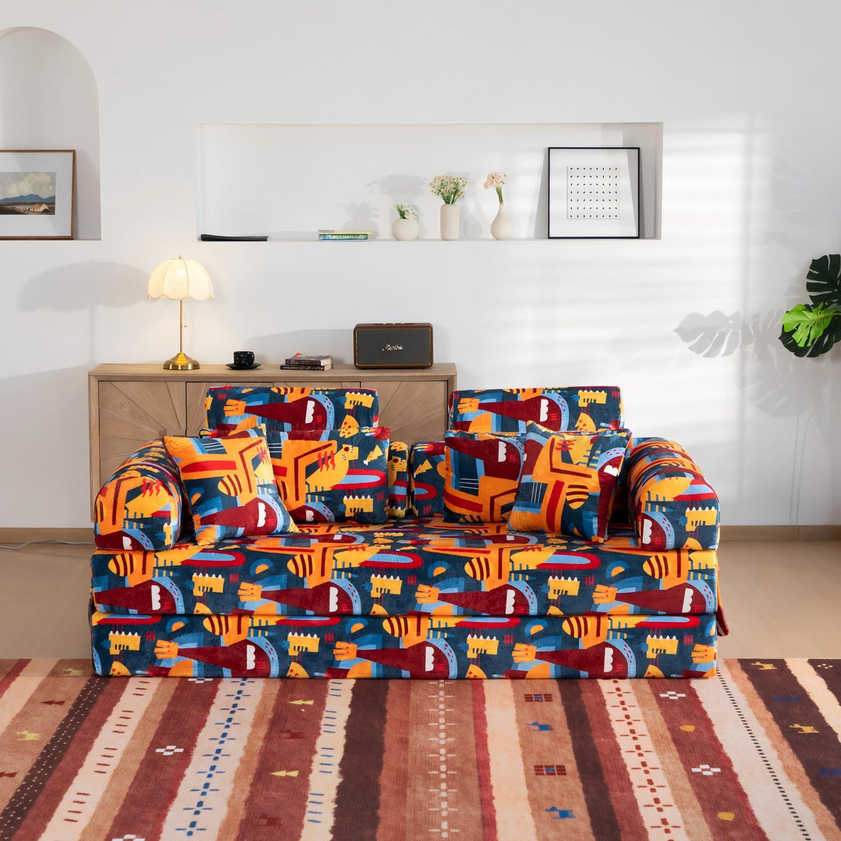 Convertible Sleeper Sofa Bed, Foldable Multi Functional Couch For Living Room - Navy / Red