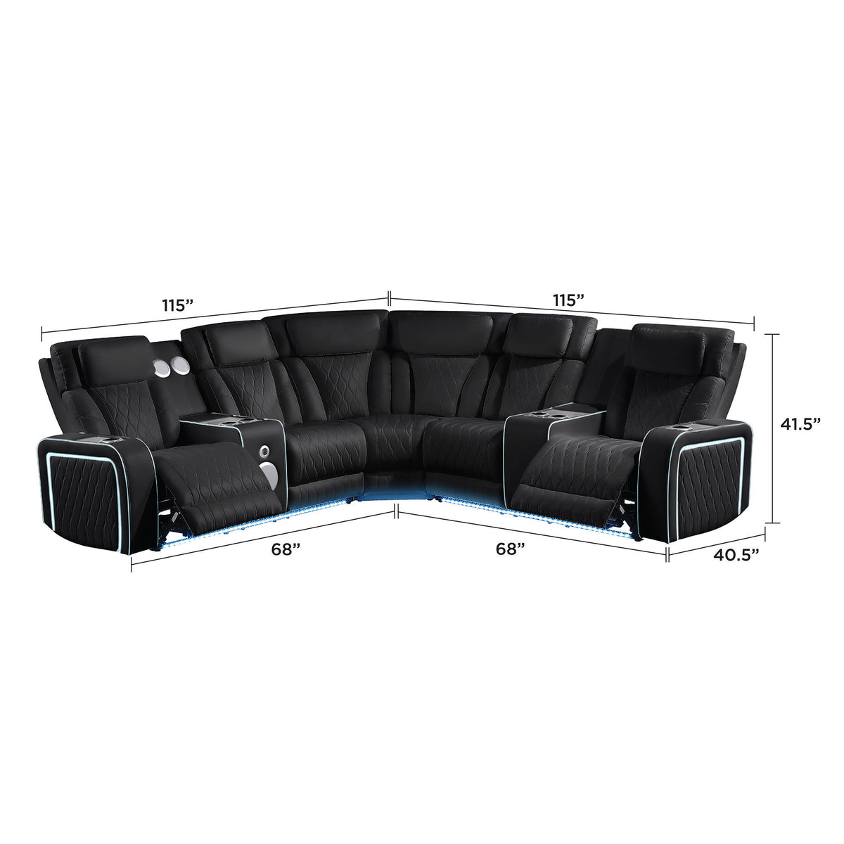 Electra - Power Recliner Sectional Sofa With Power Headrests, Console Loveseats, Wedge, LED Light Strip, Speakers