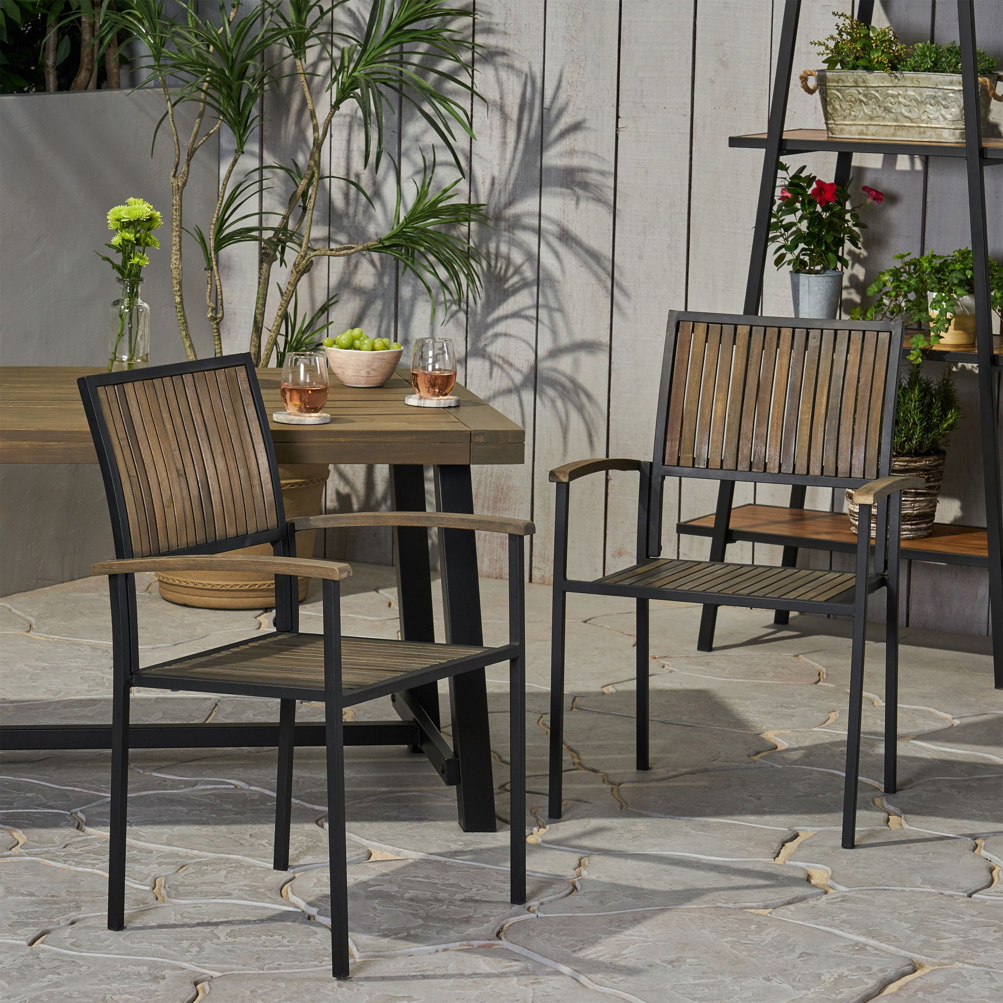Vermilion - Outdoor Dining Chair With Vertical Slat And Wooden Arm
