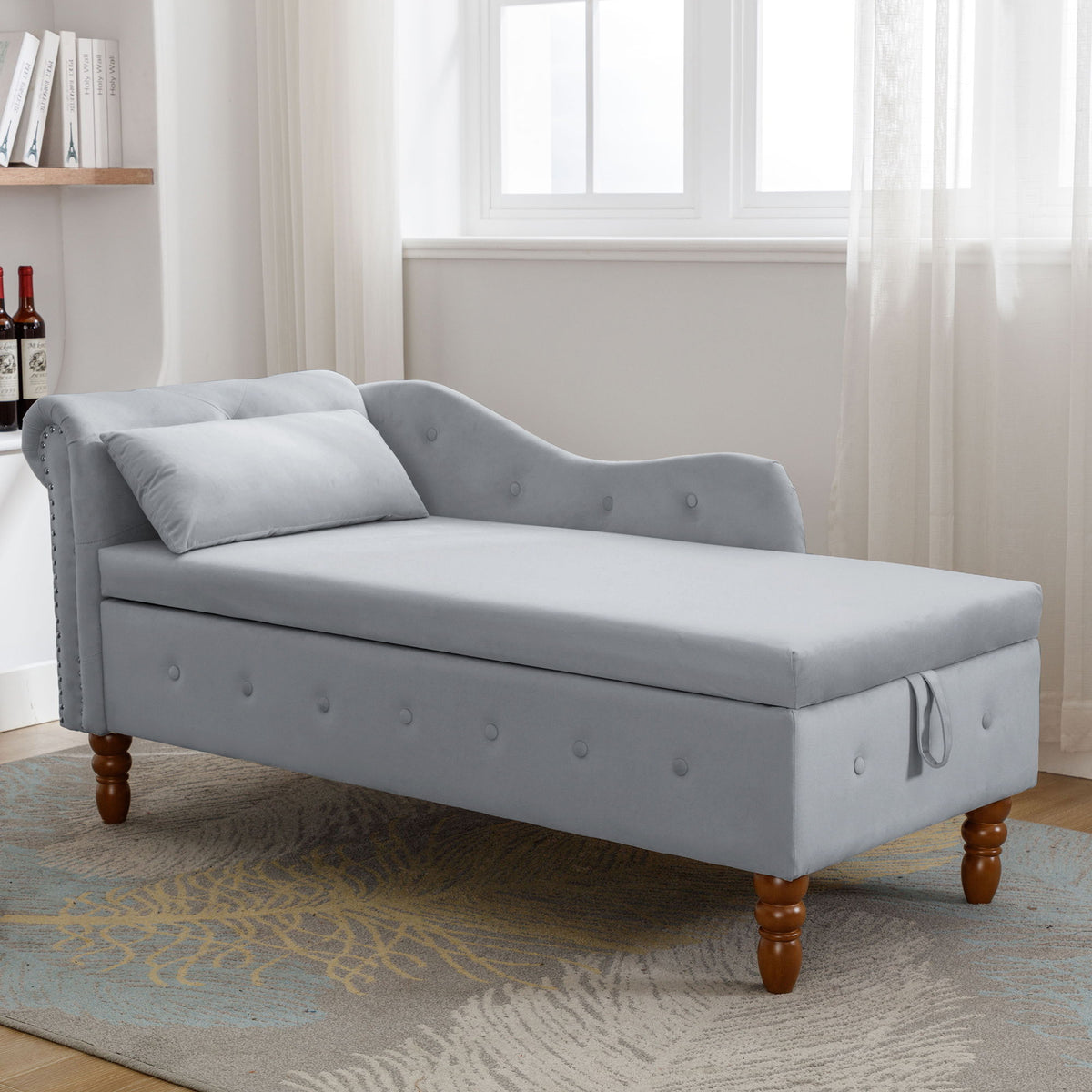 Chaise Lounge Indoor, Lounge Chair For Bedroom With Storage & Pillow, Modern Upholstered Rolled Arm Chase Lounge For Sleeping With Nailhead Trim For Living Room Bedroom Office