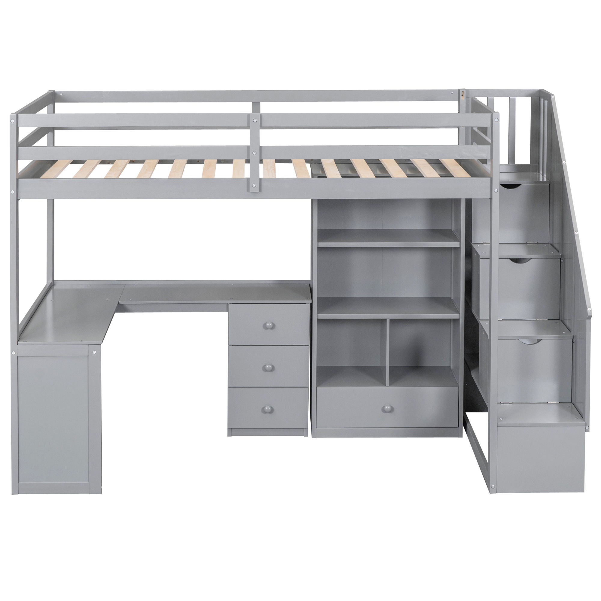 Loft Bed With L Shaped Desk, Drawers, Cabinet, And Storage Staircase