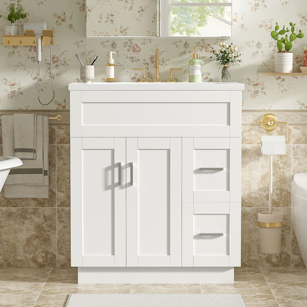 Bathroom Vanity With 2 Doors, 2 Drawers, Adjustable Shelf, Hidden Slides & Soft Close Hinges