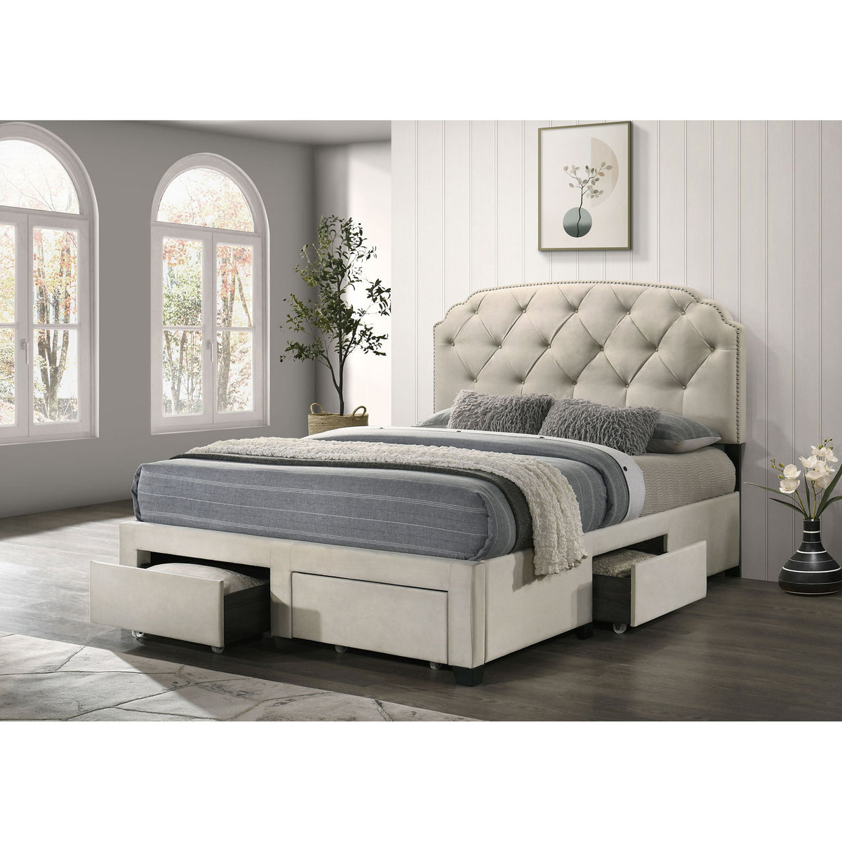 4 Drawer Upholstered Storage Bed With Button Tufting