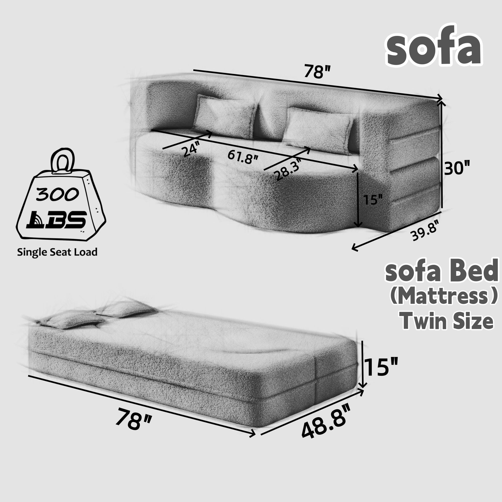 Floor Sofa With 2 Pillows, Convertible Twin Size Mattress For Living Room