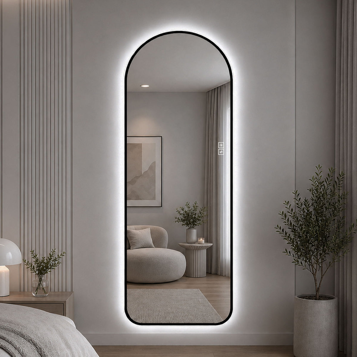 65" X 24" Arched LED Full Length Mirror With Frame, 3 Color Temperatures & Stepless Dimming - Black