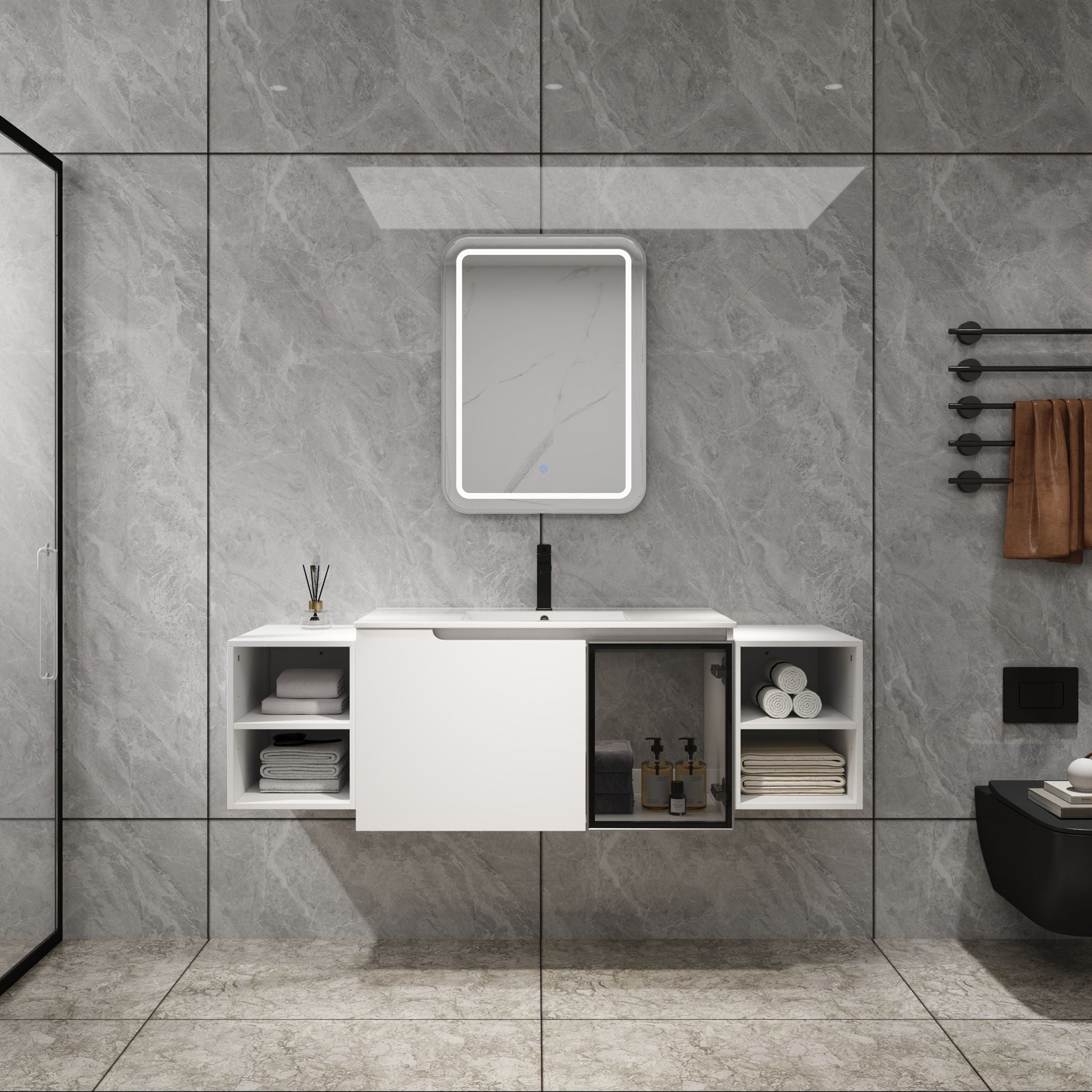 Wall Mounted Bathroom Vanity With Sink, Cabinet & Half Door