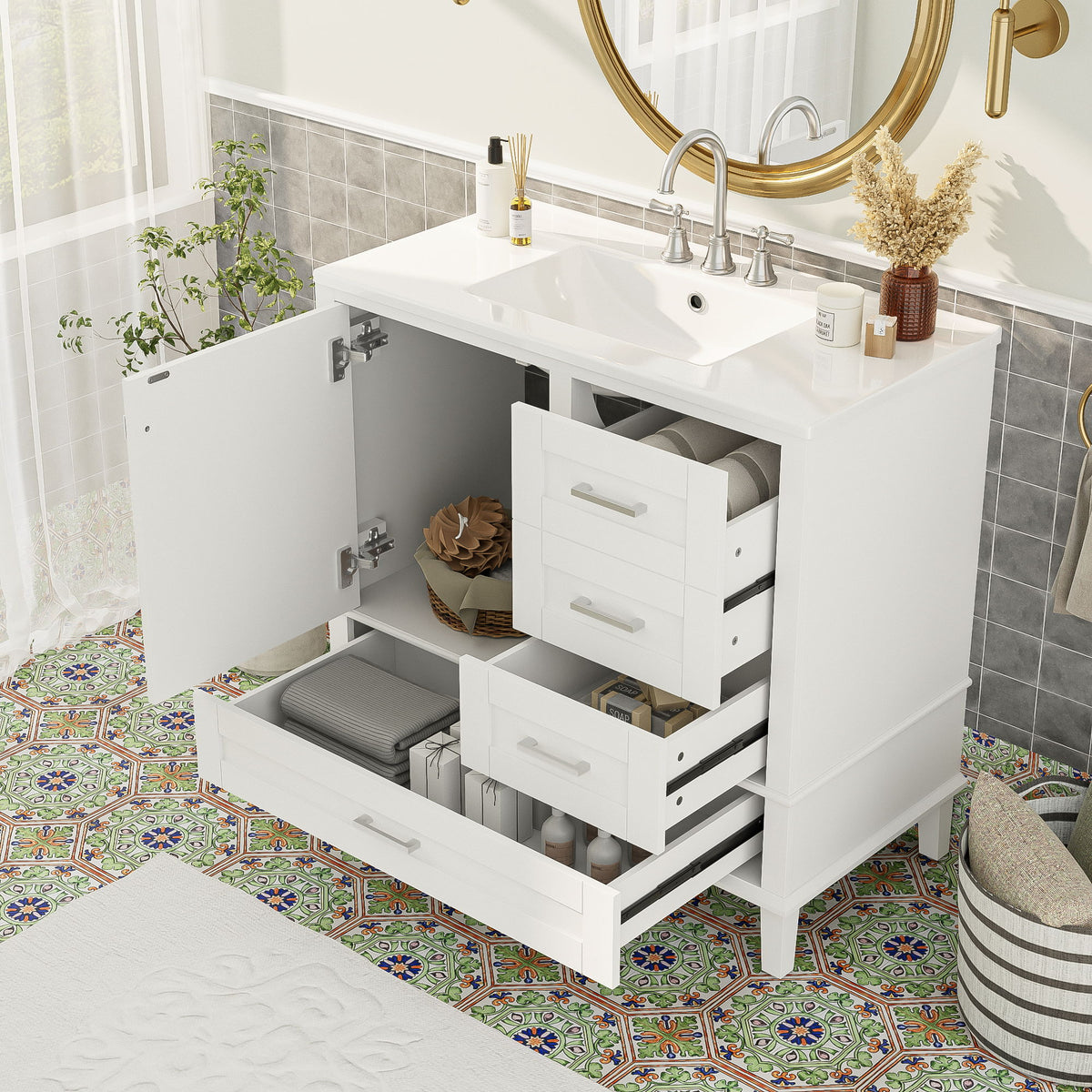 Bathroom Vanity, Modern Bathroom Cabinet With Sink Combo Set, Bathroom Storage Cabinet With A Soft Closing Door And 3 Drawers, Solid Wood Frame