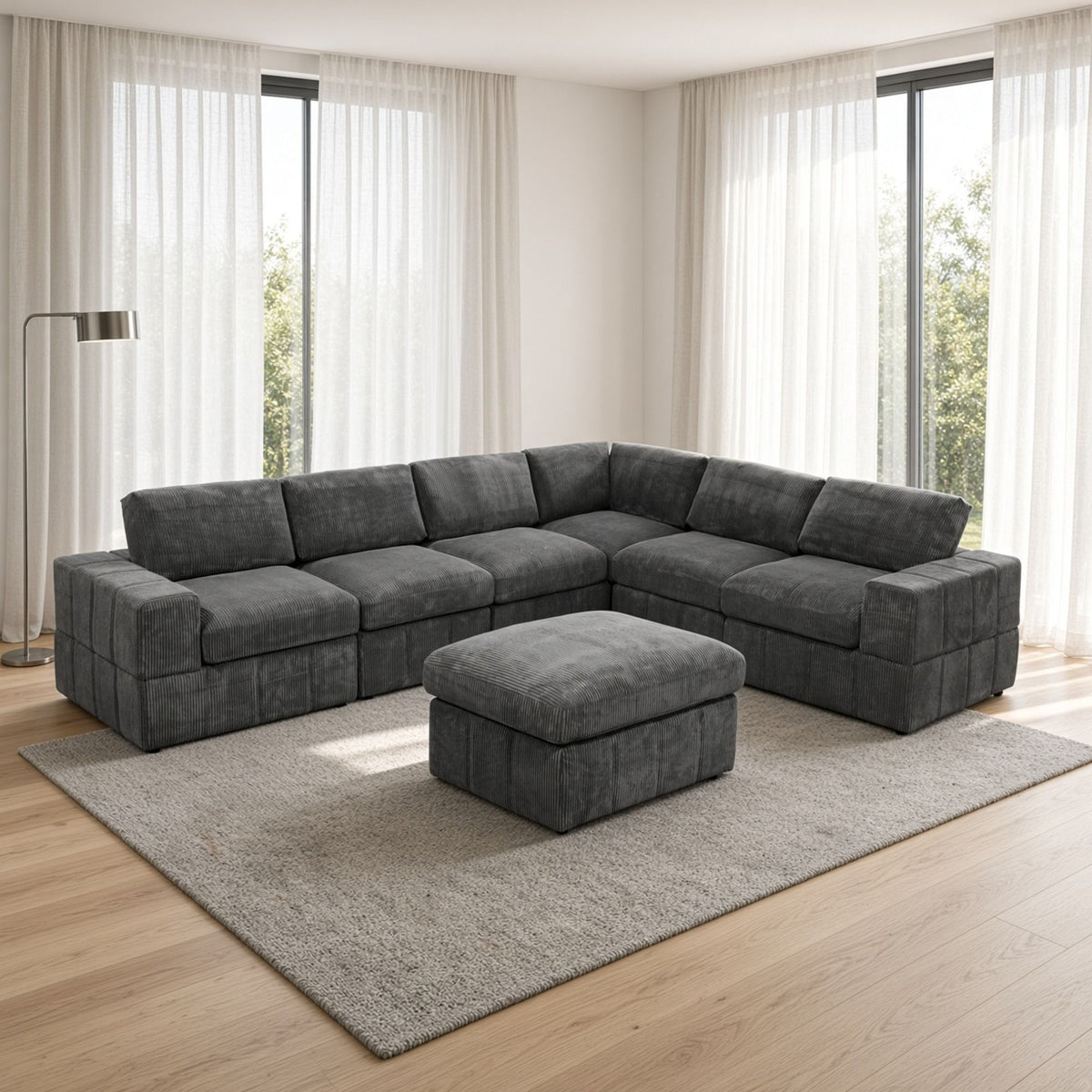 Oversized Modular Sectional Sofa, 7 Piece Reversible With Ottoman - Dark Gray