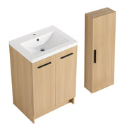 Freestanding Bathroom Vanity Set With Tall Linen Cabinet, Single Sink, Extra Storage, Soft Close Doors - Glossy White / Light Oak