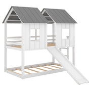 Twin Over Twin House Bunk Bed With Slide And Windows - White / Gray