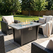Morden Steel Fire Pit Table With Marble Tile Tabletop, Glass Wind Guard And Lid