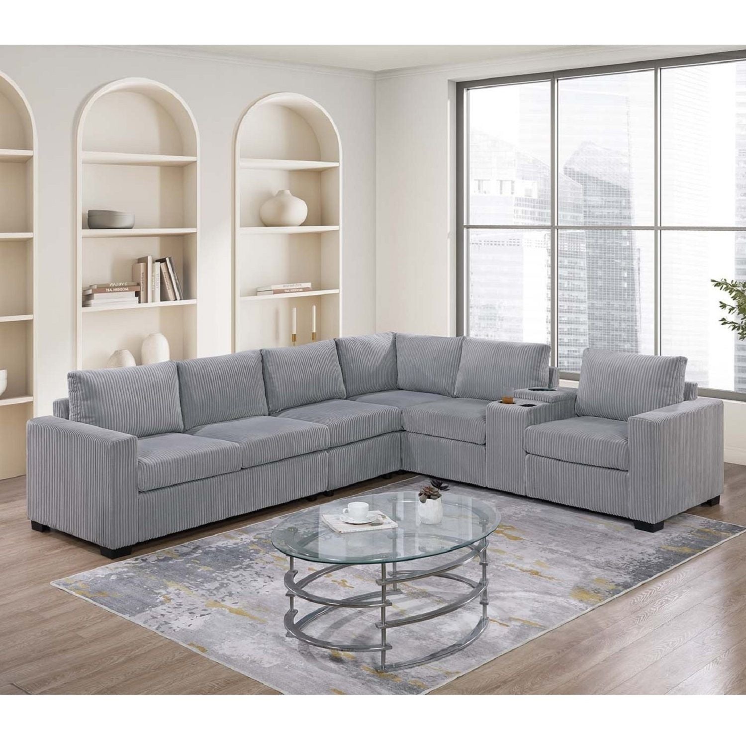 Modern Style L-Shape Sectional Set, USB Ports, Cup Holder