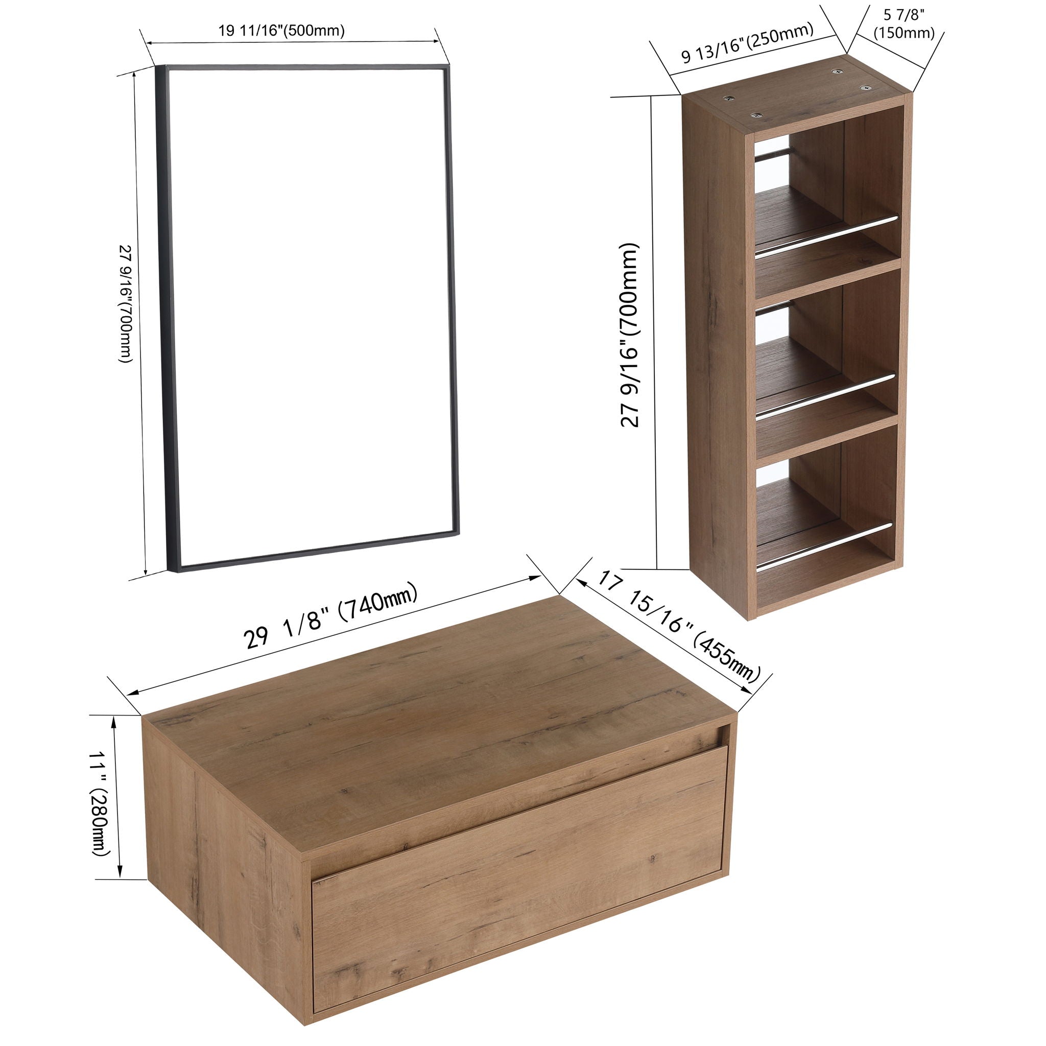 30" Wall Mounted Mirror Cabinet With And Frame, Storage Vanity For Bathroom - Imitative Oak