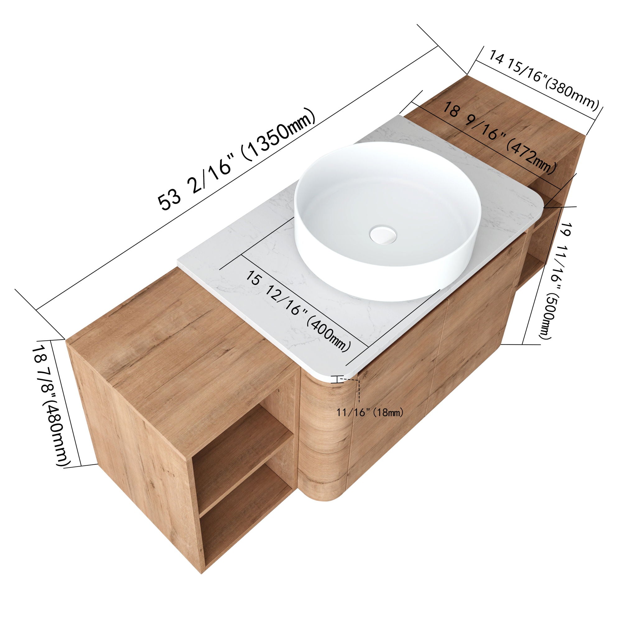 Wall Mounted Bathroom Vanity With Art Sink, 2 Storage Shelves, Soft Close Door
