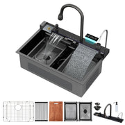 30" Whale Digital Waterfall Sink With LED Display, 16 Gauge Single Bowl Ledge Workstation - Gunmetal Black