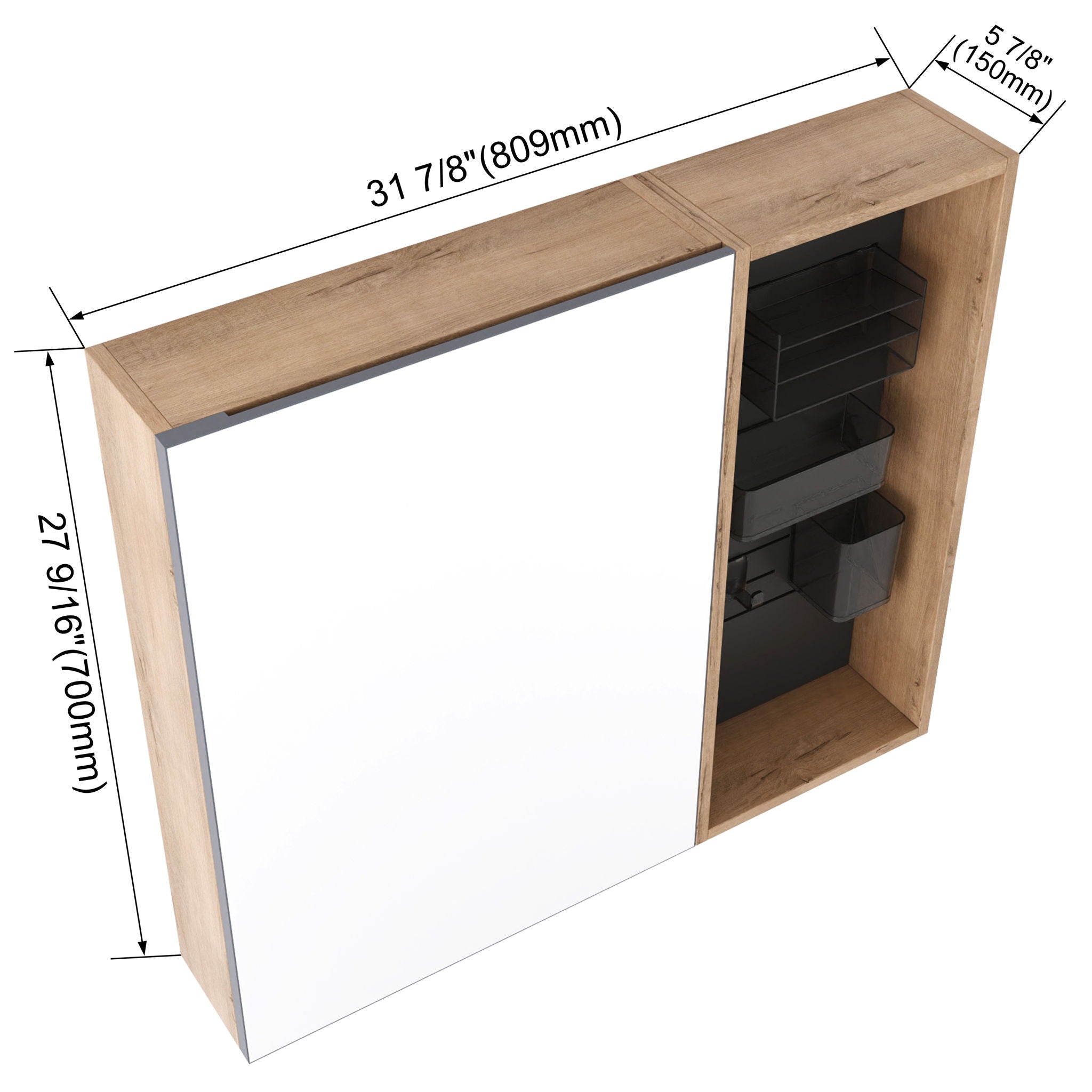 Wall Mounted Bathroom Mirror Cabinet & Adjustable Shelves - Imitative Oak