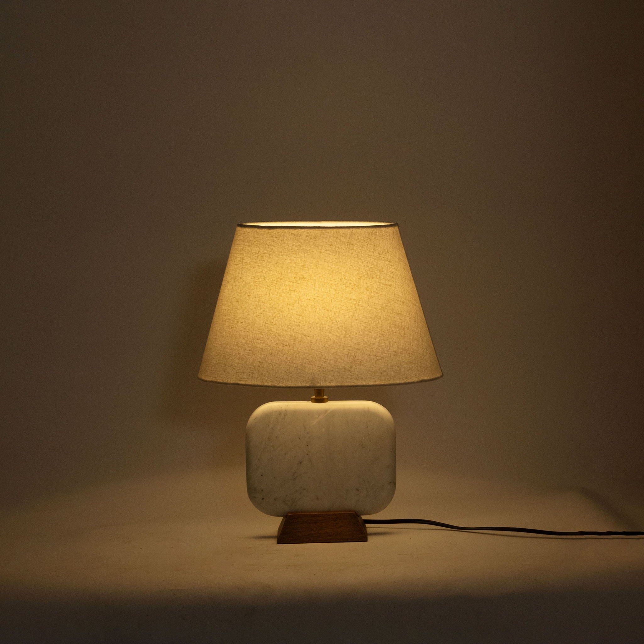 Solis - 14" Genuine Marble And Mango Wood Base With Linen Textured Fabric Shade Table Lamp