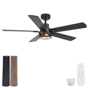 Ceiling Fan With Light, Dual‑Sided Matte Black & Wood Grain Blades - Black