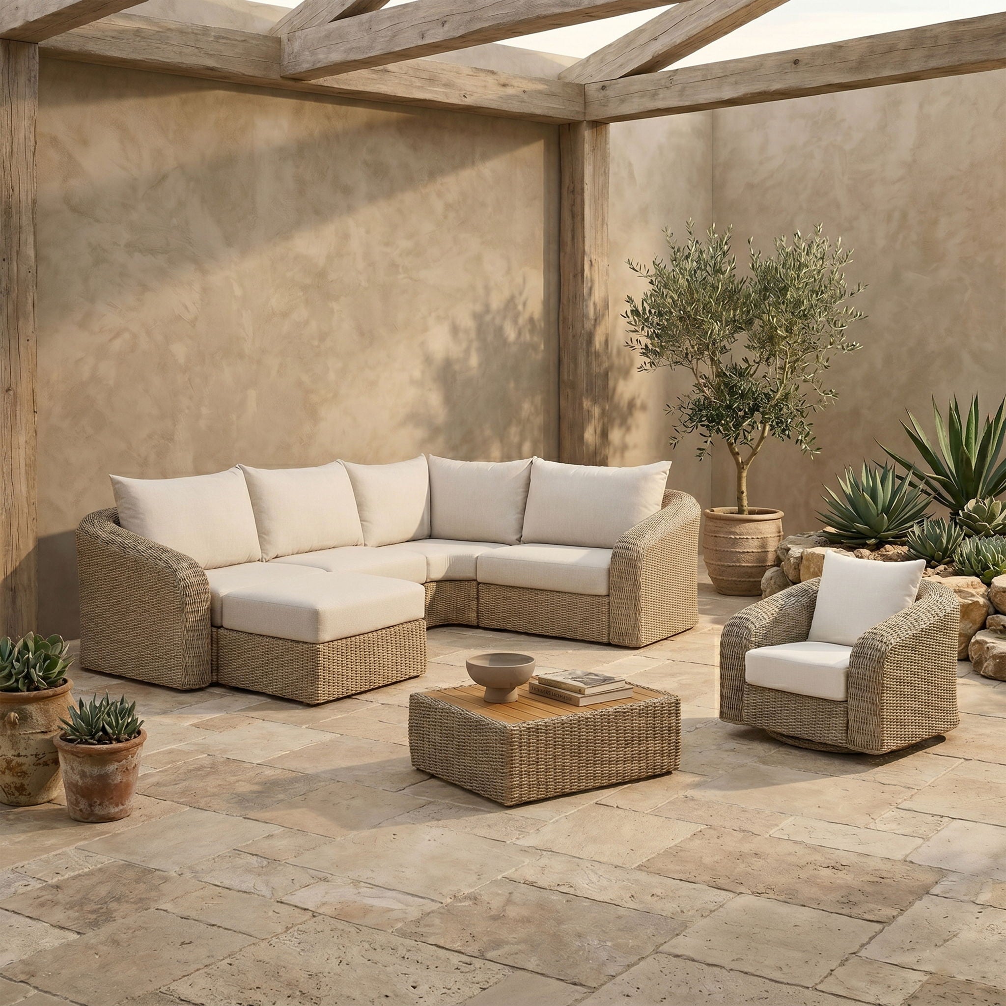 Seacrest - Olefin Water Resistant Fabric And Wicker 5 Piece Outdoor Patio Modular Sectional