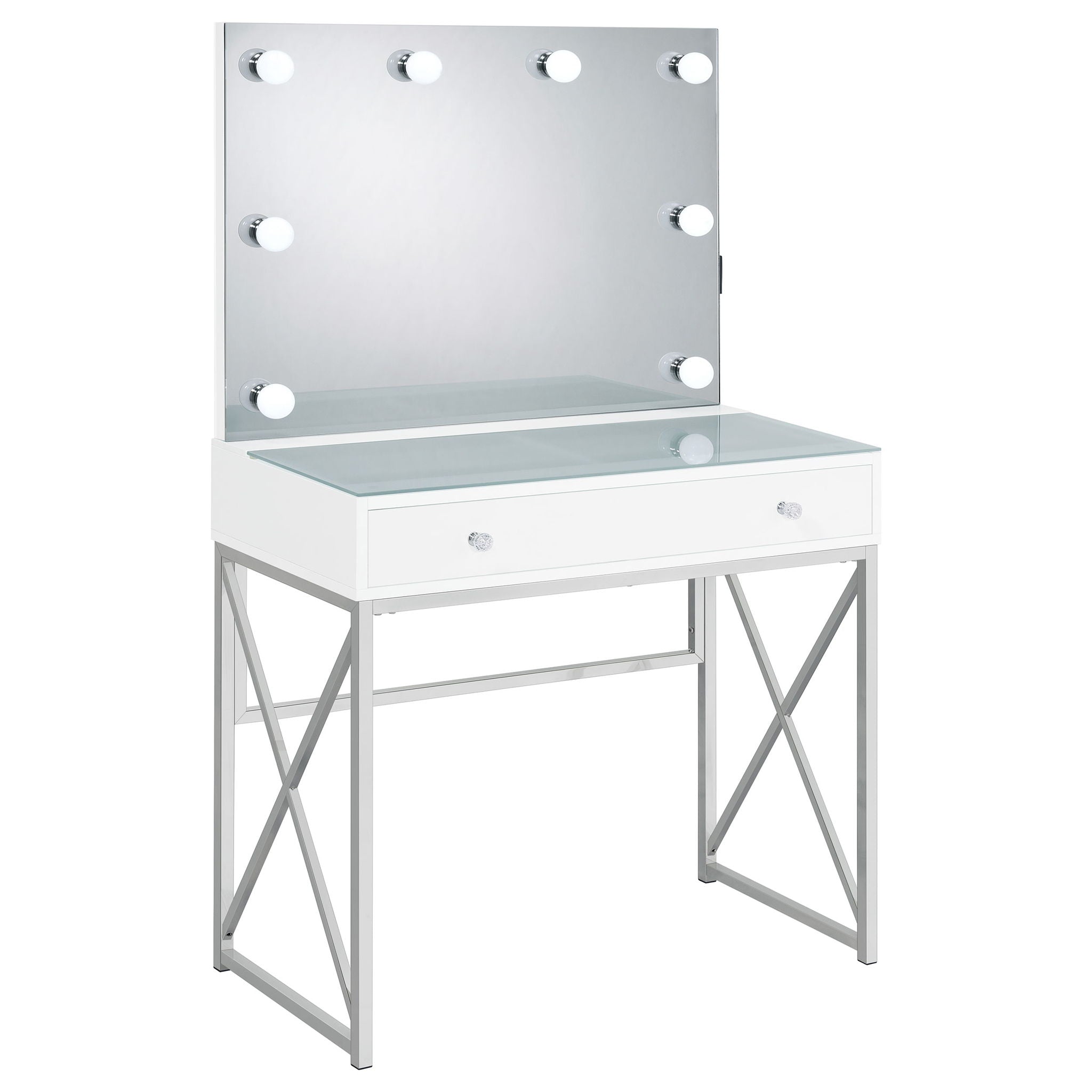 Hamlin - Makeup Vanity Table With Lighted Mirror And Padded Stool - White