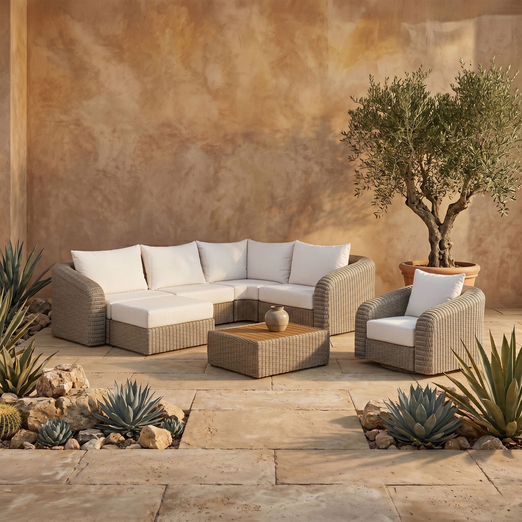 Seacrest - Olefin Water Resistant Fabric And Wicker 5 Piece Outdoor Patio Modular Sectional