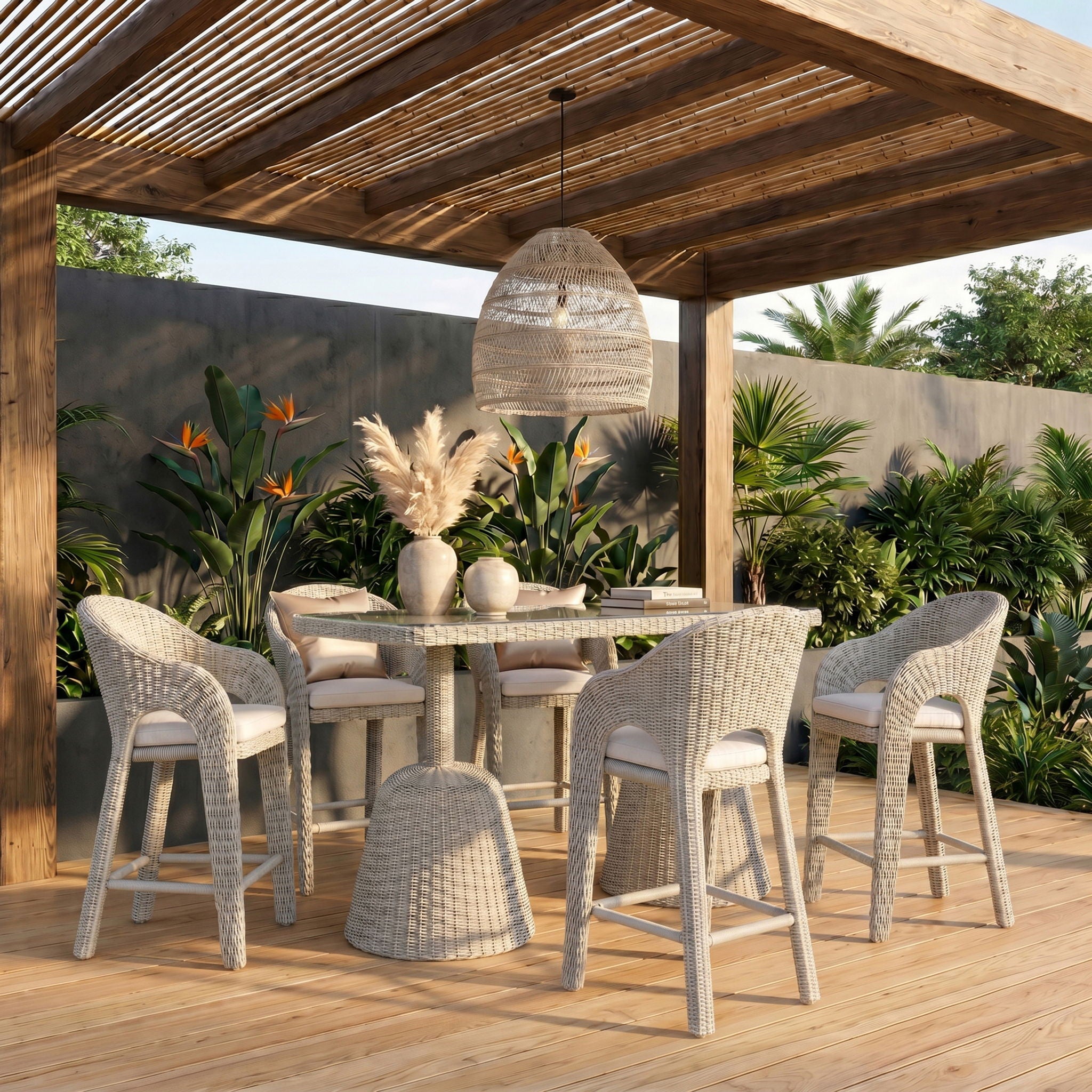 Seacrest - Tempered Glass Top And Wicker Outdoor Patio Bar Height Table