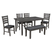 Dining Set For 6, Upholstered Chairs, Includes Table, 4 Chairs, And 2 Person Bench - Gray