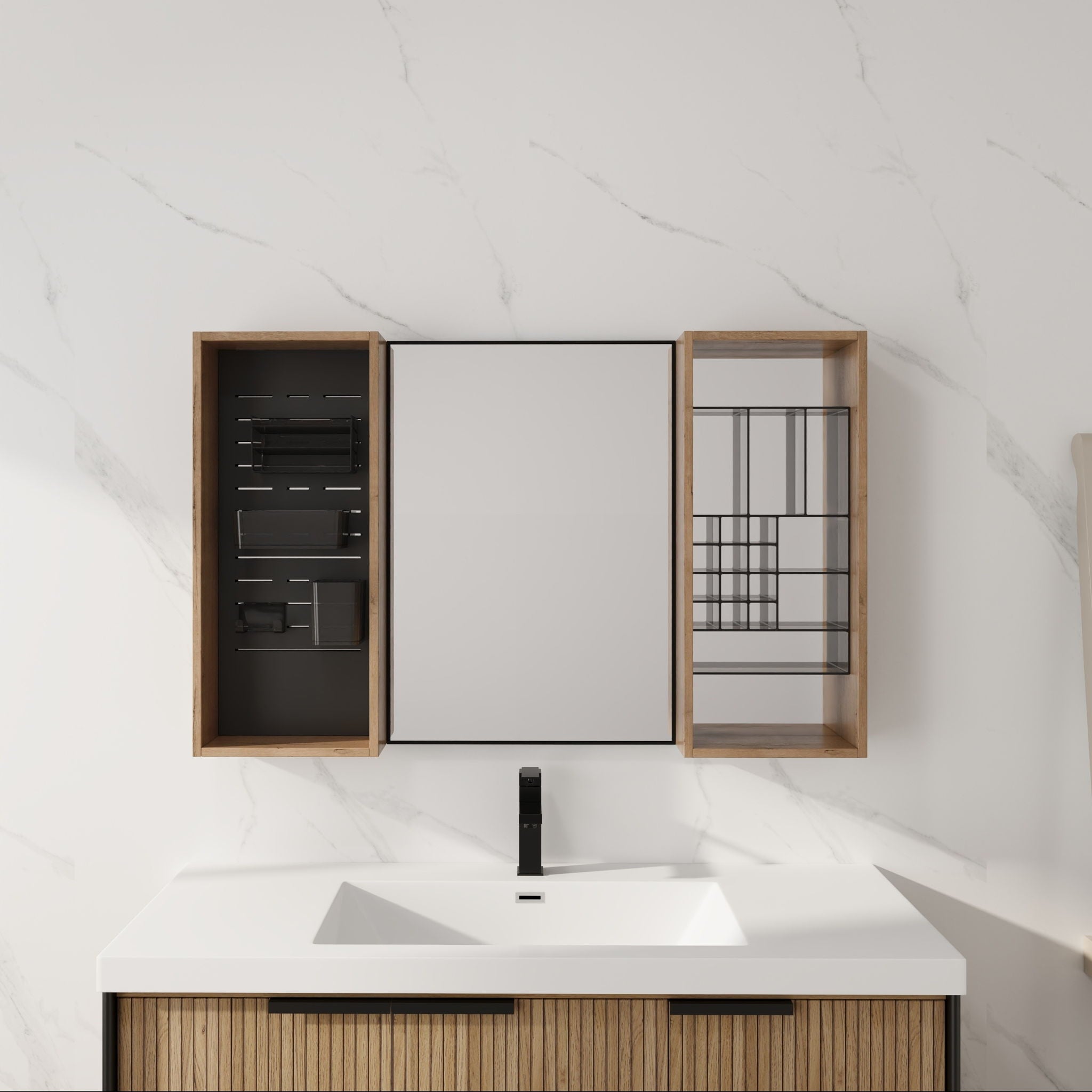 43.5" Mirror Cabinet With Storage, Wall Mounted Medicine Cabinet Frame With Shelves - Imitative Oak