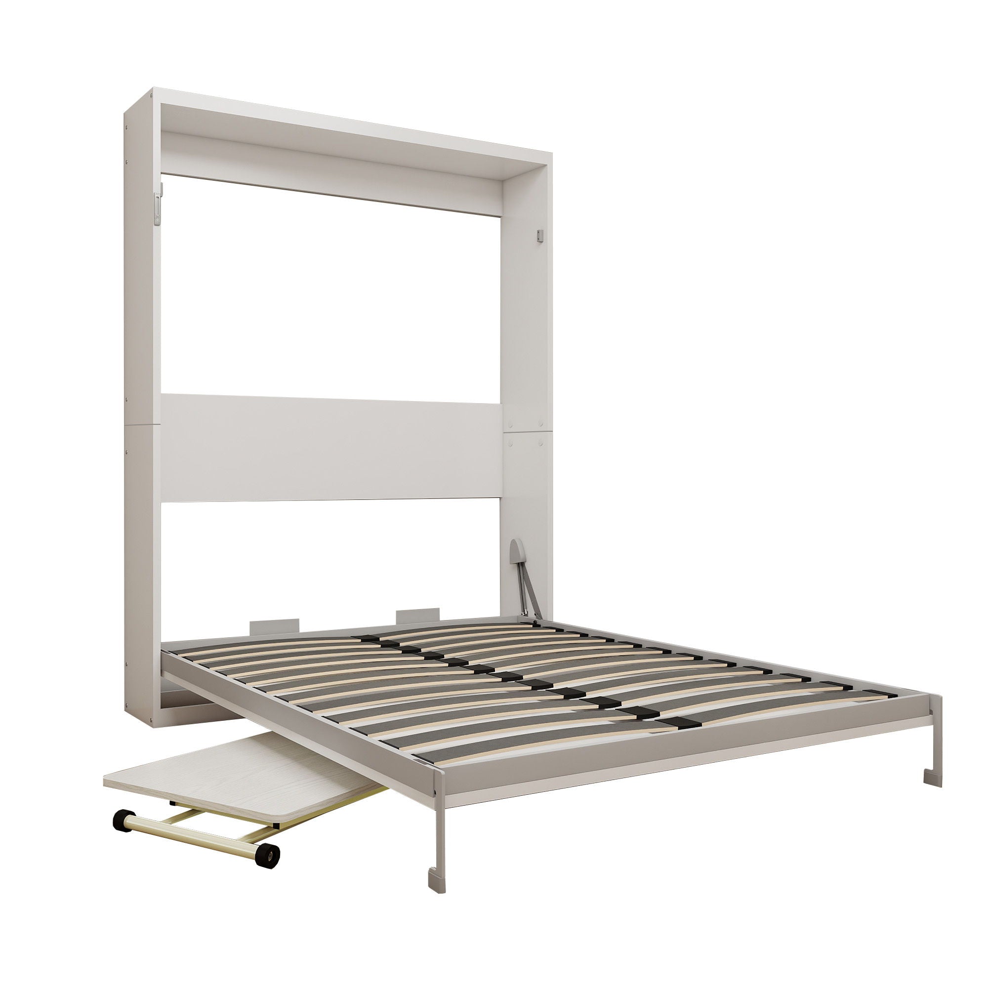 Queen Size Wall Mounted Murphy Bed With Manual Height Adjustable Desk, Cabinet & Frame & Computer Desk - White