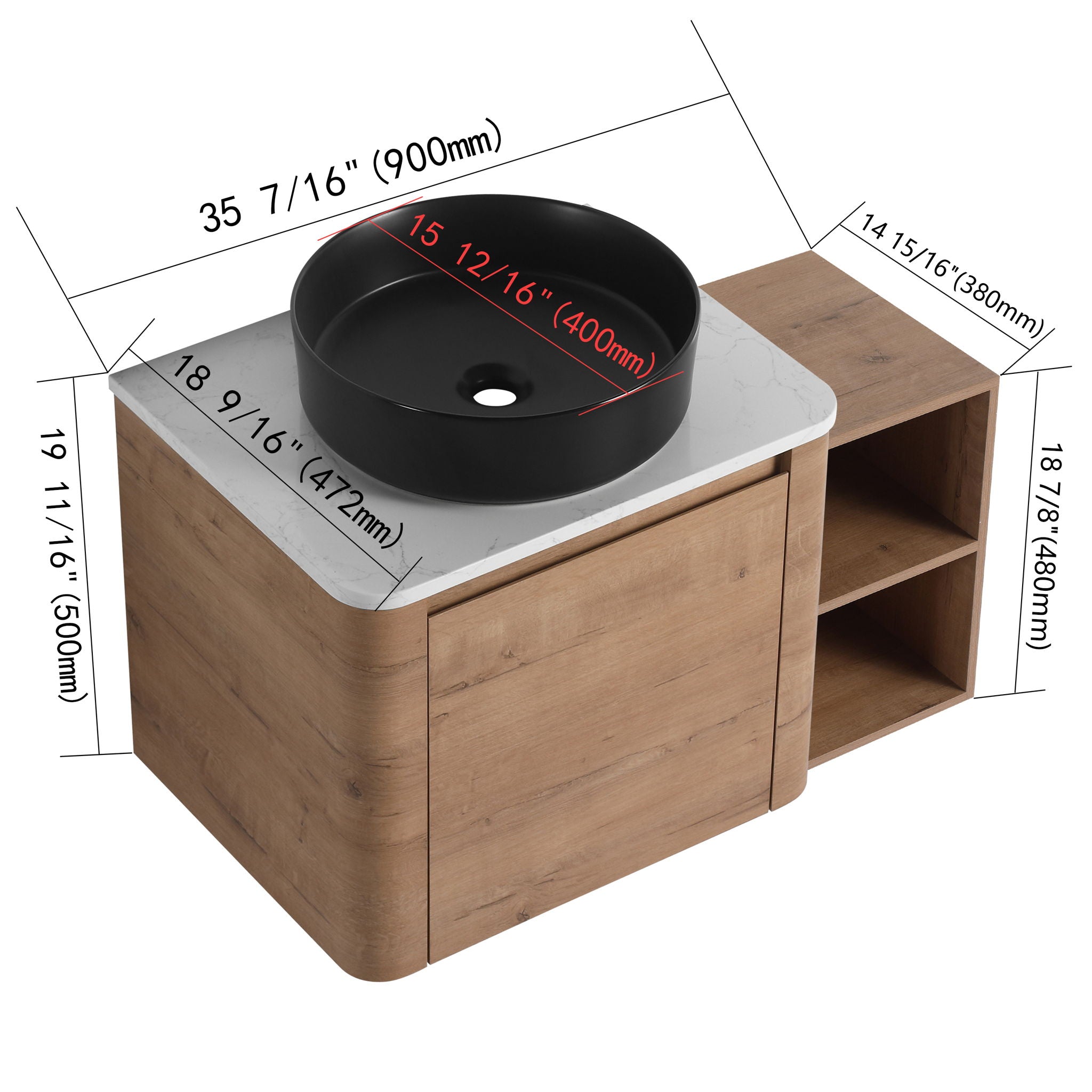 Wall Mounted Bathroom Vanity With Art Sink, 1 Storage Shelf, 2 Soft Close Doors