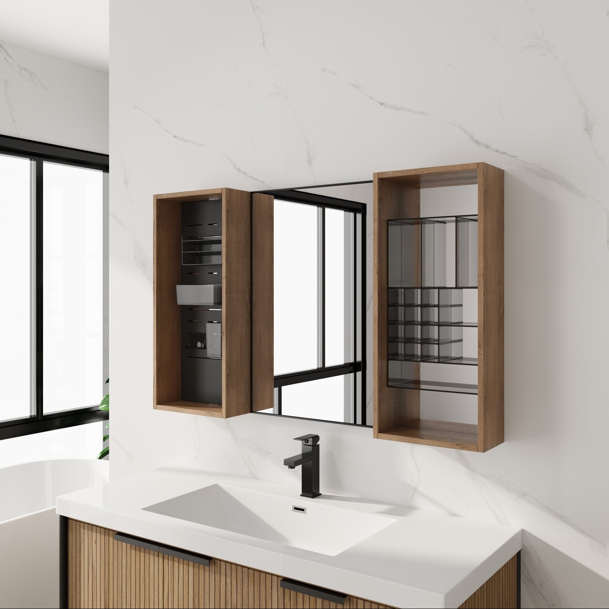 43.5" Mirror Cabinet With Storage, Wall Mounted Medicine Cabinet Frame With Shelves - Imitative Oak