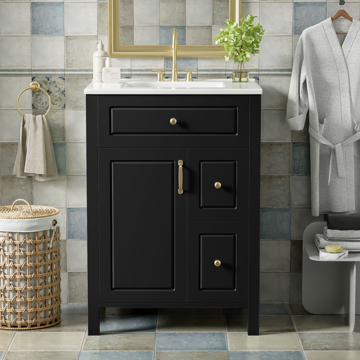 Elegant Bathroom Vanity With Ceramic Sink, Soft Close Doors And Drawers, Double Storage Racks