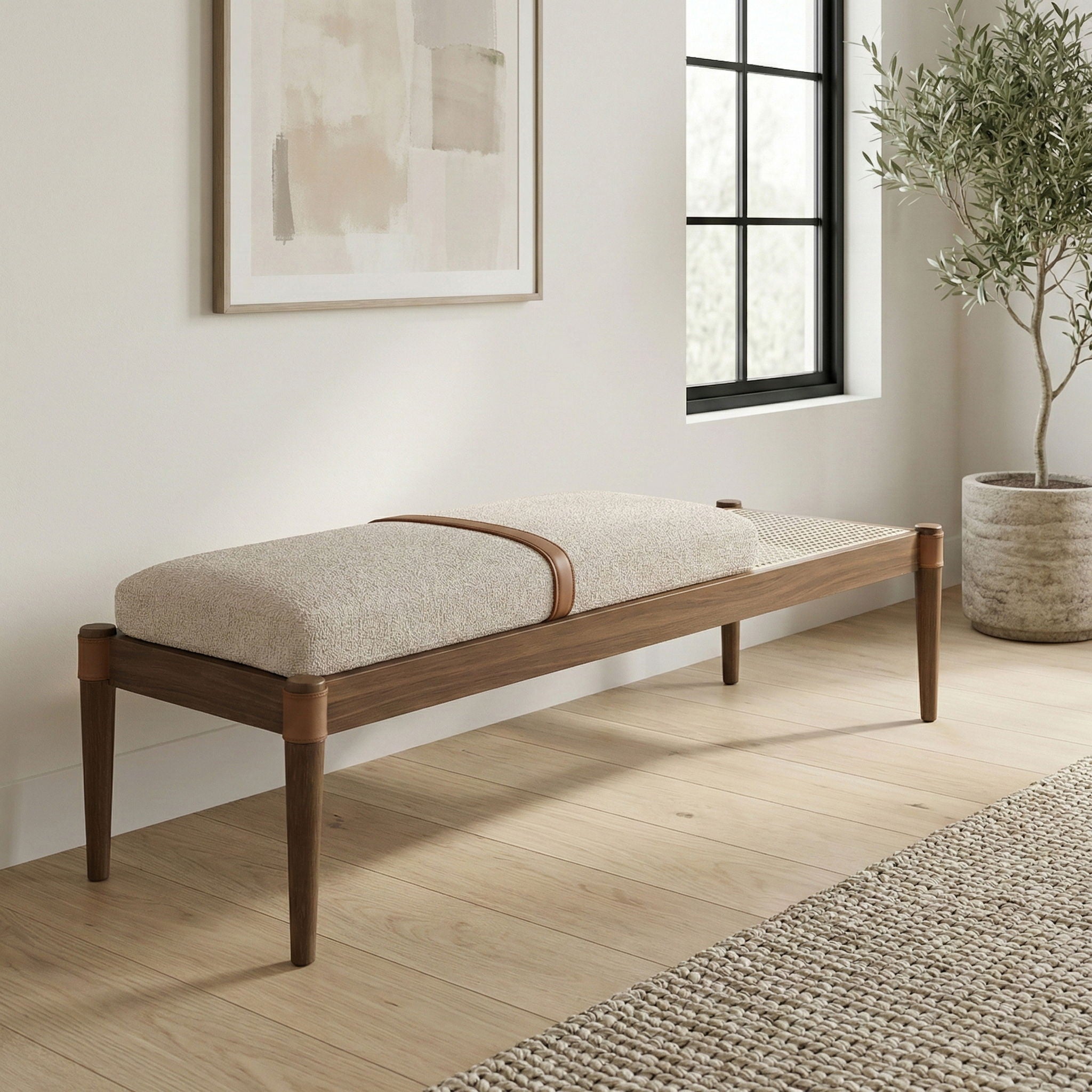 Nara - Linen Textured Fabric Upholstered Bench - Painted Brown Walnut