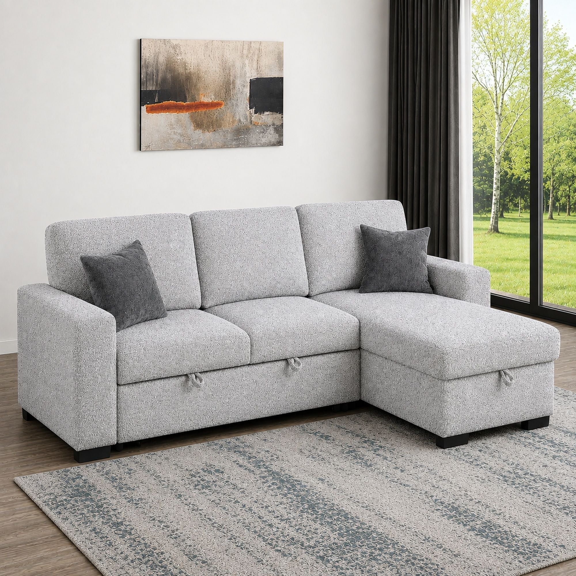 Buzz - Reversible Sleeper Sectional Sofa With Storage Chaise, Console Arm, USB Charging & Cup Holders - Gray